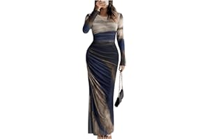 PRSFPN Women's Long Sleeves Maxi Bodycon Dress Tie Dye Ruched Mesh Layer Prom Formal Wedding Elegant Dresses