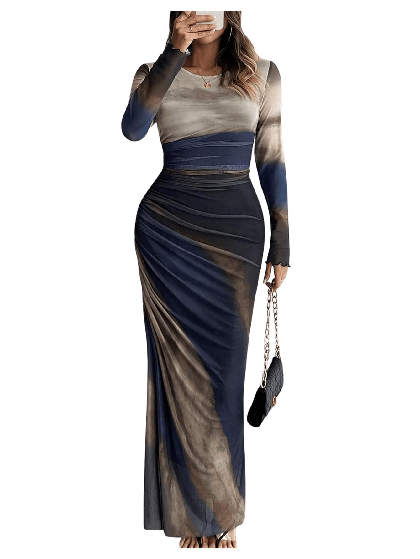 Photo 1 of PRSFPN Women's Long Sleeves Maxi Bodycon Dress Tie Dye Ruched Mesh Layer Prom Formal Wedding Elegant Dresses(Blue, M)