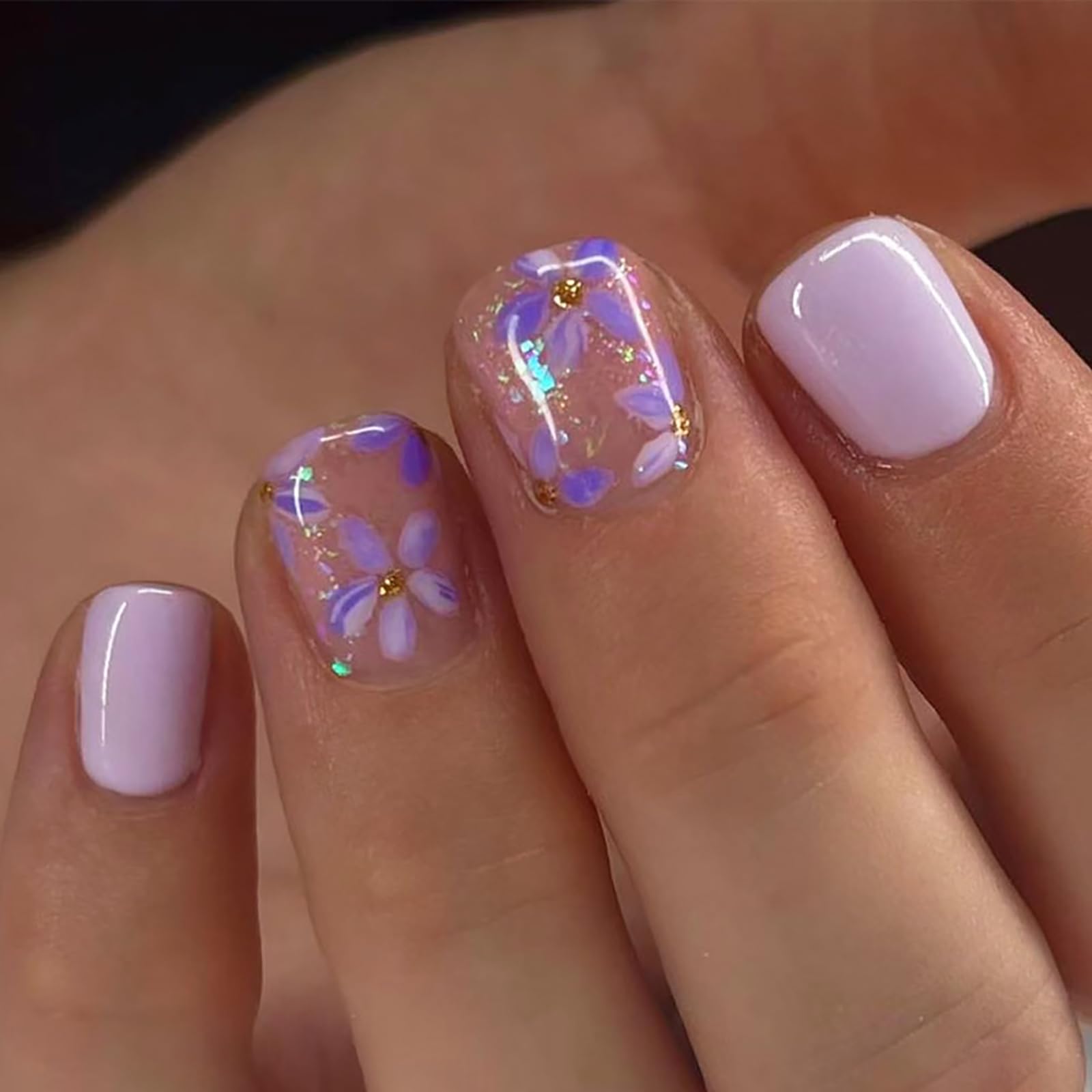 24Pcs Purple Press on Nails Cute Flower Design Fake Nails Spring Press on Nails Short Square Acrylic Nails Glitter Press on Nails Stick on Nails for Women and Girls Spring Summer Nail Art Decor