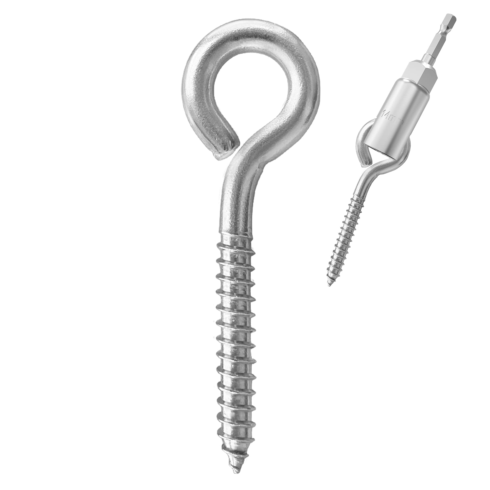 14 Pack 304 Stainless Steel Screw Eyes,Heavy Duty Screw in Eye Hooks Ring, Yoga & Brazilian Hammocks, Swing Chair, Indoor & Outdoor, Self Tapping Screws,Eye Bolt (1 pcs 1/4" hex shank wing nut driver)