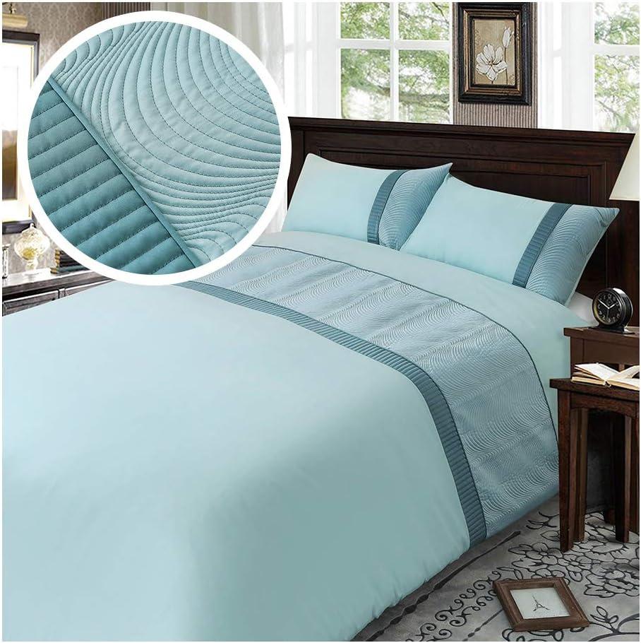 Eleanor Fashion Home Duvet Cover Set Embroidery Duck Egg, Satin Bedding Quilt with 2 Pillowcases, Microfiber for Hotel and Family (Double, Duck Egg)