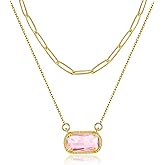 Lourny Gemstone Birthstone Pendant Layered Necklace for Women Trendy, 18K Gold Plated Paperclip Chain Preppy Choker Charm Necklace for Women Wife Jewelry