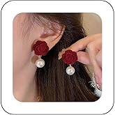 Yheakne Vintage Red Velvet Flower Earrings Flower Pearl Drop Earrings Suede Red Rose Flower Stud Earrings Wedding Pearl Dangle Earrings Jewellery for Women