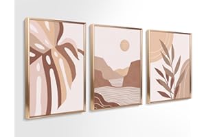 ArtbyHannah Boho Wall Art, Canvas Wall Art Set of 3, Gold Framed Canvas Wall Decor with Decorative Bohemian Botanical Prints for Modern Bedroom, Office, 12x16 Inch