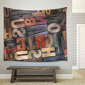 Antique Letterpress Printing Blocks with Color Ink Patina, Random Collection of Different Size and Style - Fabric Wall Tapestry Home Decor - 51x60 inches