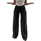 Sezhgswd Women's Lace Patchwork Jeans High Waisted Straight Wide Leg Hollow Out Sheer Flower Baggy Stetch Denim Pants