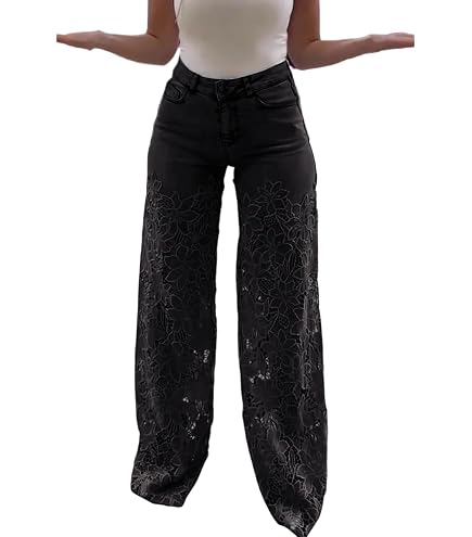 CHICME Women's High Waist Jeans Lace Spliced Stretchy Zipper Wide