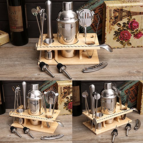 14 Piece Cocktail Shaker Set - Bar Accessories: Cocktail Shaker, dual capacity jigger, 4 drink stirrer, cocktail muddler, ice tongs, mixing spoon, 2 bottle poures, wine opener, and Wooden Gift Box