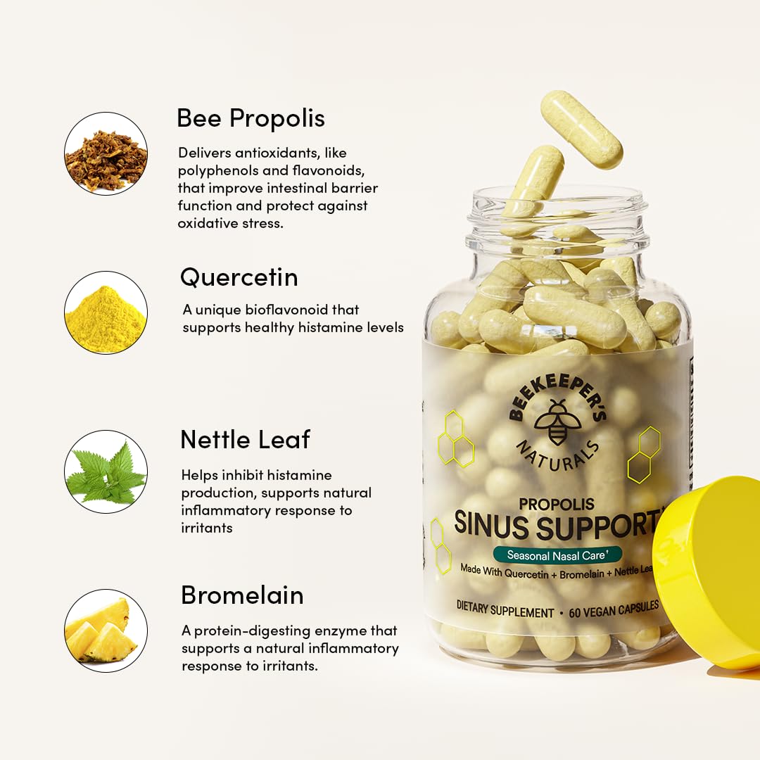 Beekeeper's Naturals All Natural Sinus Support for Adults, Seasonal Nasal Care Relief with Propolis, Quercetin, Bromelain, Nettle Leaf, & Vegan Capsule, Blocks or Suppresses Histamine, 60 ct
