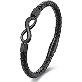 BIYONGDE Mens Braided Black Leather Infinity Knot Bracelet, Stainless Steel Friendship and Forever Love Bracelet, Gift to Husband from Wife, Anniversary and Valentines Gift