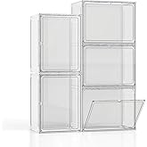 5 Pack Stackable Storage Bins with Lids, White Plastic Storage Container with Clear Lids, Clear Display Case with Magnetic Door for Purse, Handbag, Figure, Collectibles, Doll, Bag, 14.2"x8.66x10.6"