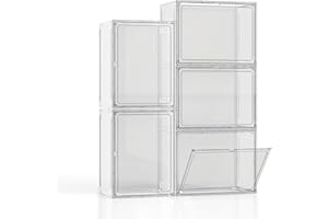 HOYOJA 5 Pack Stackable Storage Bins with Lids, White Plastic Storage Container with Clear Lids, Clear Display Case with Magnetic Door for Purse, Handbag, Figure, Collectibles, Doll, Bag, 14.2"x8.66x10.6"