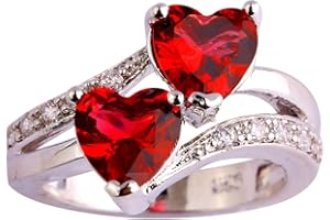 Emsione Vintage 925 Sterling Silver Plated Halo CZ Double Heart Created Blue&White Topaz Love Wedding Promise Ring