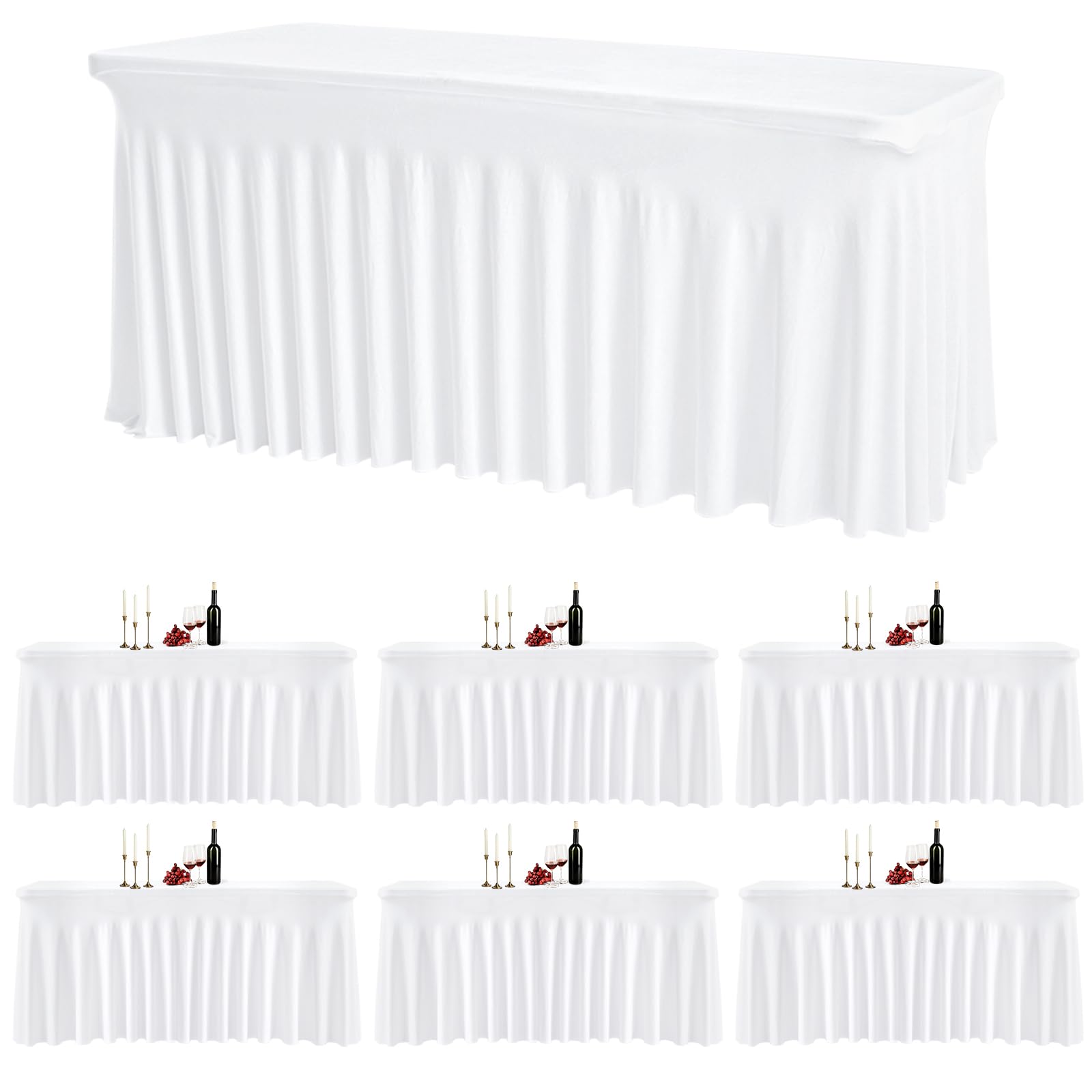 Photo 1 of GEWONELIFE 6 Pack White Rectangle Tablecloth 72 Inch with Elastic Skirt - Wrinkle-Resistant Spandex Fitted 6FT Table, Stretchable Table Cover for Wedding Banquet Birthday Party Buffet Restaurant