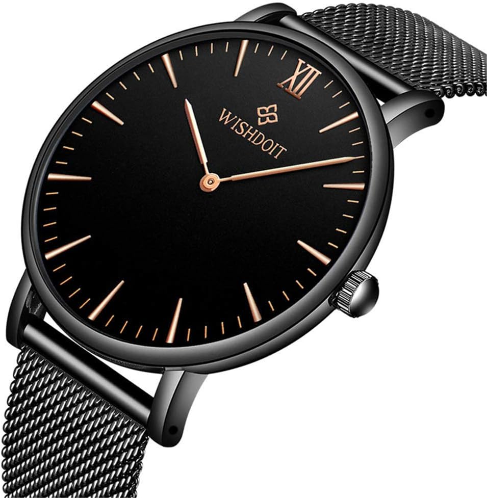 Men's Watch Ultra-Thin Minimalist Black Quartz Watch Fashion Waterproof Watch for Men Stainless Steel with Classic Black Milanese Mesh/Leather Band
