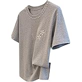 WDIRARA Women's Floral Pearl Beaded T Shirts Crew Neck Short Sleeve Tee Tops
