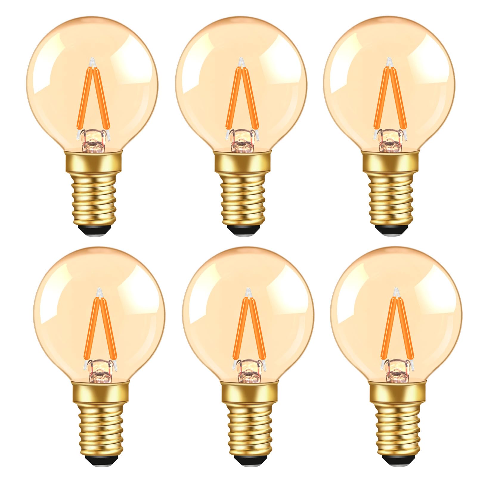 Caldarax Mini Globe E14 LED Filament Bulb 1W, SES Small Edison Screw Golfball Bulb G40 E14 LED Vintage, 10W Equivalent, Amber Glass Warm White 2200K Chandelier Bulbs, Non-Dimmable, 6 Pack