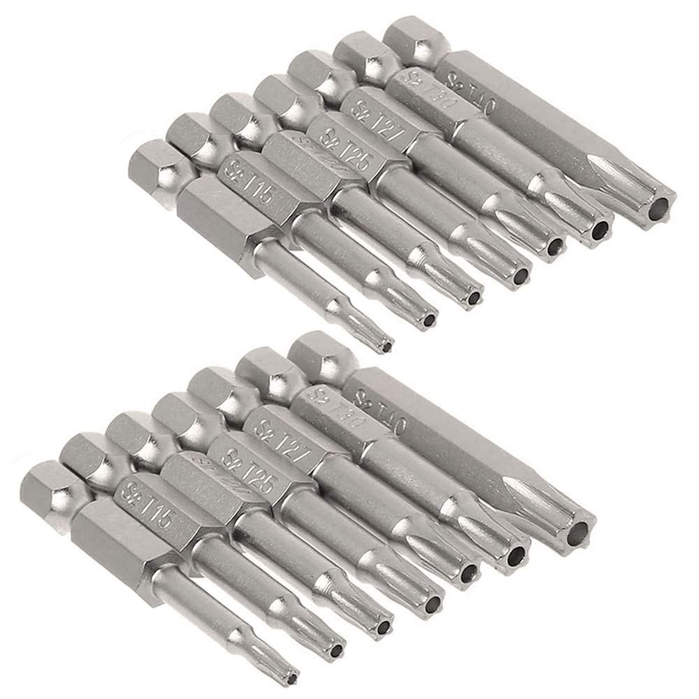 Mesee 2 Sets(7Pcs/Set) Star Head Screwdriver Bits Set, 1/4 Inch Hex Shank T10-T40 Magnetic Five Pointed Torx Screwdriver Bit Security Electric Screw Driver Drill Bit Repairing Tool, 50mm Length