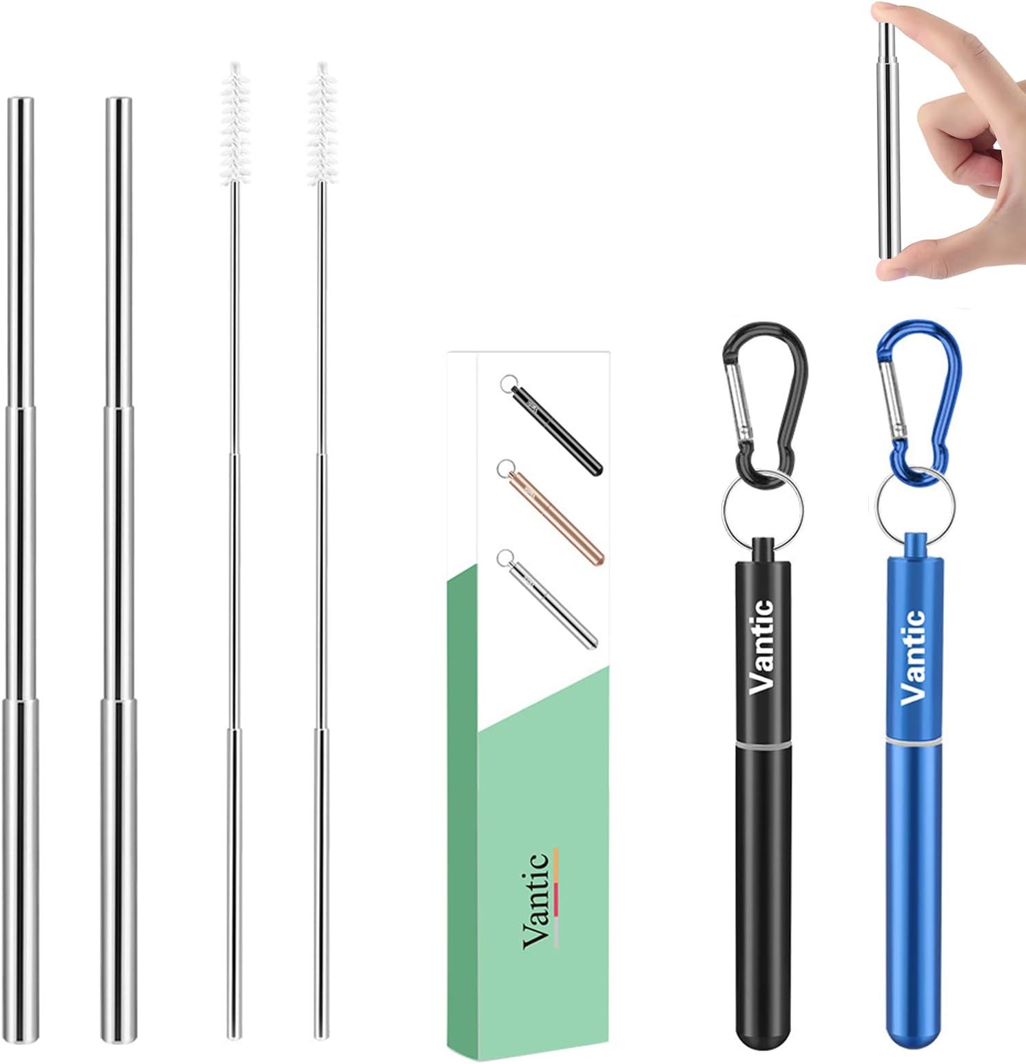 Vantic Reusable Metal Straws, Collapsible Reusable Straws with Case, Portable Travel Stainless Steel Drinking Straws with Keychain and Cleaning Brush, 2 Pack