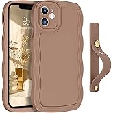GUAGUA for iPhone 12 Case with Wrist Strap, Wavy Phone Case, Cute Curly Wave Shape, Adjustable Wristband Kickstand, Shockproof Protective Case for iPhone 12 6.1 Inch, Brown