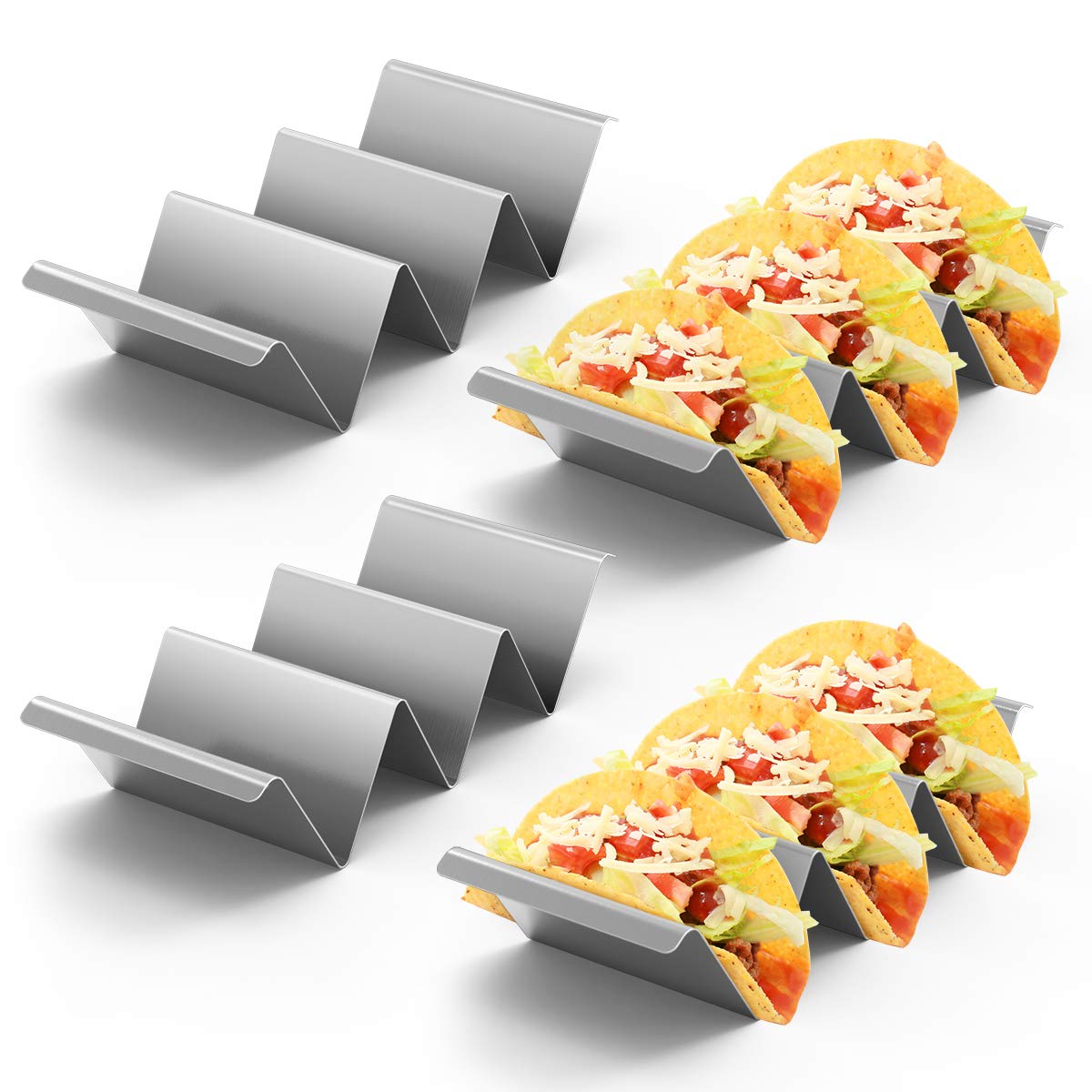 Housolution Taco Holder, 4 Pack Stainless Steel Taco Stand Rack with Handles, Tortilla Holder Taco Tray Holds Up to 3 Tacos for Restaurant and Home Use, Silver