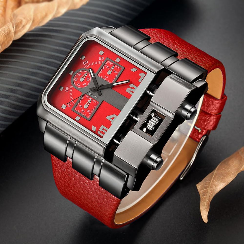 Reginald Hip hop Men's Watch Big Face Watch for Men Square Novel Face Dial Stainless Steel Quartz Leather Strap WristWatches