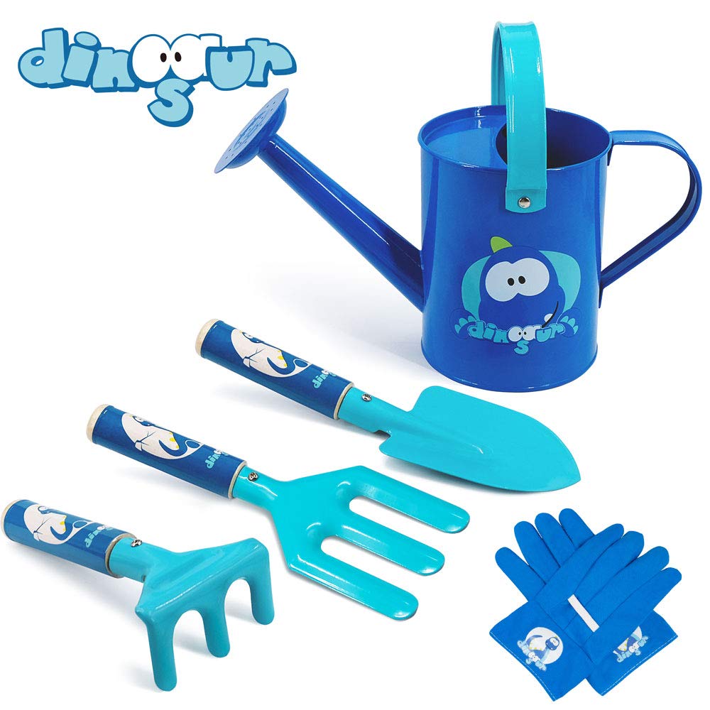 Colwelt Kids Gardening Set, 5PCS Cute Metal Gardening Tools for Kids, Include Metal Watering Can, Wooden Handle Trowel, Fork, Rake, Gloves, Children Kids Garden Tools(Blue)