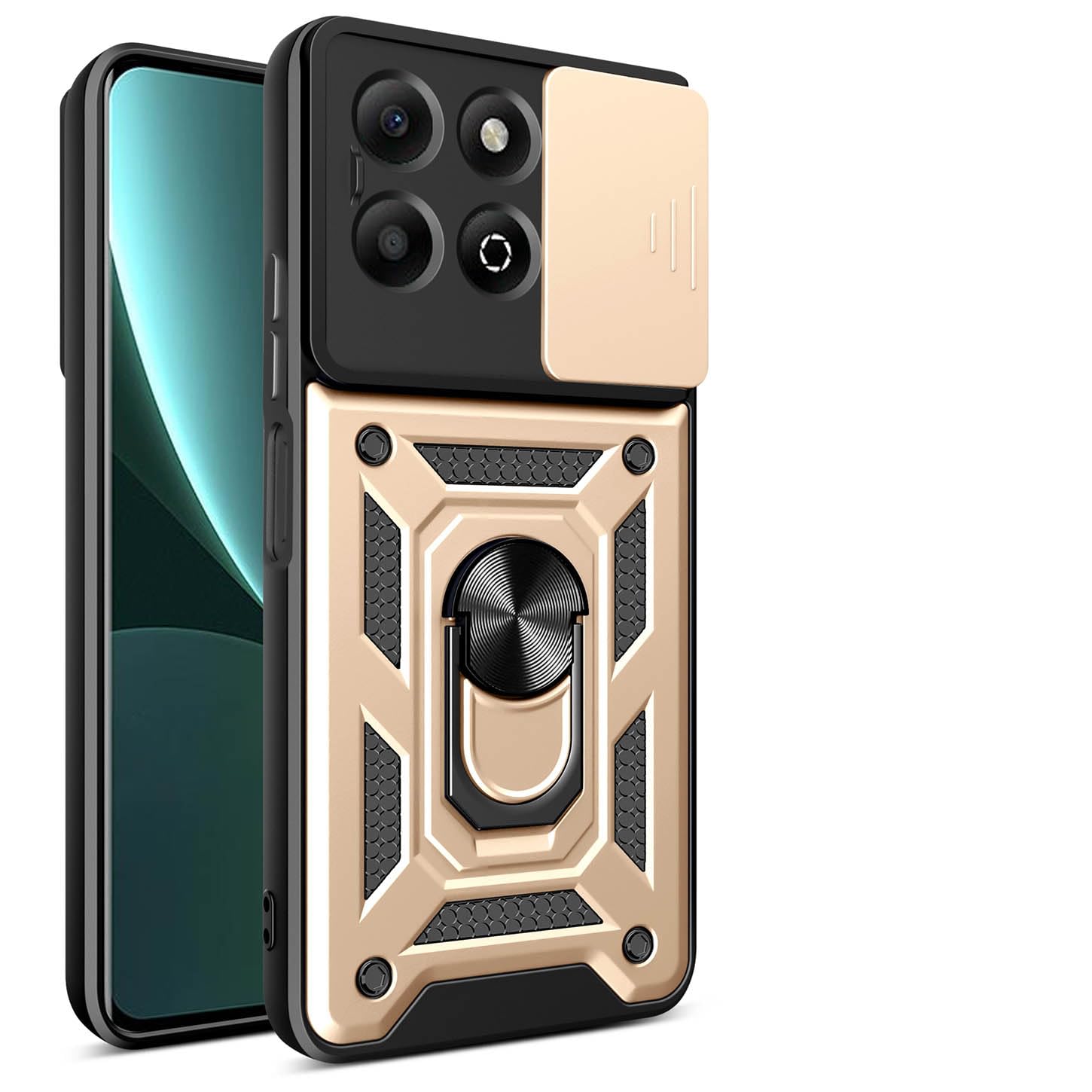 ILING Case for HONOR X6b, Ultra-thin Matte Texture Hard PC + Soft Silicone TPU Bumper Shockproof Heavy Duty Cover, with Ring Kickstand and Slide Camera Cover (Gold)