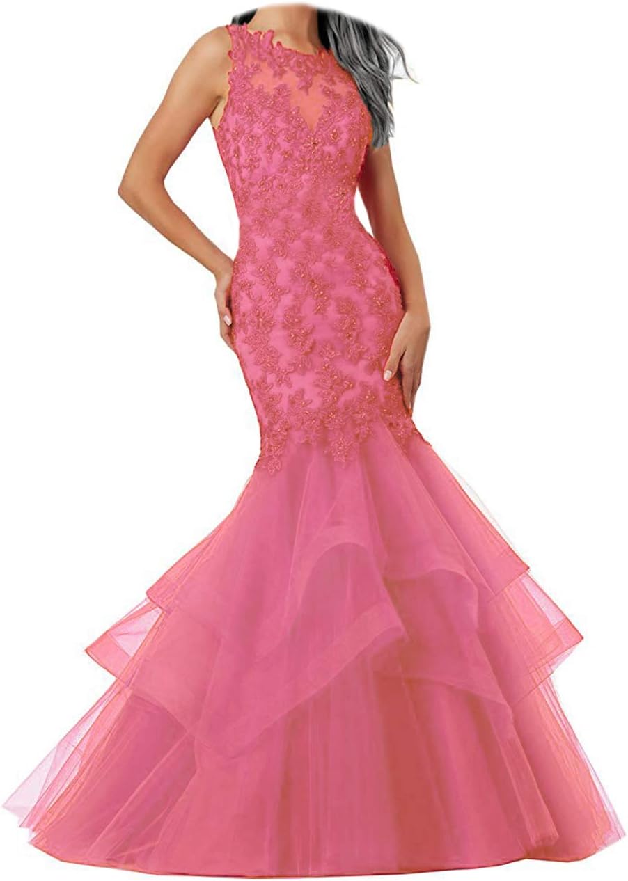 Ellenhouse Women's Applique Tulle Long Mermaid Prom Party Evening Dresses