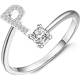 HUASAI Initial Ring for Women Silver Adjustable Letter Ring Crystal Alphabet Ring Name Ring