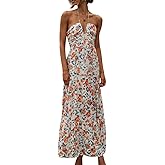Women's Halter Neck Floral Maxi Dress 2024 Summer Boho Long Sundress Sexy Sleeveless Backless Flowy Ruffle Dress