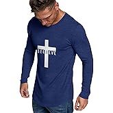 iudam Men's Long Sleeve Crewneck Graphic Tee Believe Cross Print Christian Shirts Workout Shirts
