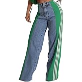 knowfashionstyle Womens Jeans High Waisted Wide Leg Patchwork Stripes Stretchy Jean Color Block Straight Trendy Demin Pants