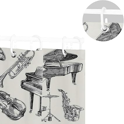 Amazon Ninehasa シャワーカーテン 防水 ポリエステル 風呂カーテン 浴室 おしゃれ かわいい トランペット ピアノギターをテーマにした楽器スケッチスタイルアートのイラスト 取付簡単 浴室 間仕切り カーテンリング付属 シャワーカーテン ホーム キッチン オンライン通販