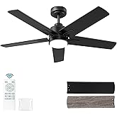 YUHAO 48 Inch Black Ceiling Fan with Light and Remote Control.Noiseless,Dimmable, 3CCT,6 Speeds Reversible, Modern DC Ceiling Fans for Indoor or Covered Outdoor Use,ETL Listed