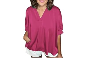 OPLXUO Women's Half Sleeve Satin Blouses Casual Loose V-Neck Silk Shirts Solid Business Casual Office Work Tunic Tops