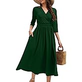 Church Dress for Women A-Line V Neck 3/4 Sleeve Everyday Cocktail Wedding Midi Casual Dresses with Pockets