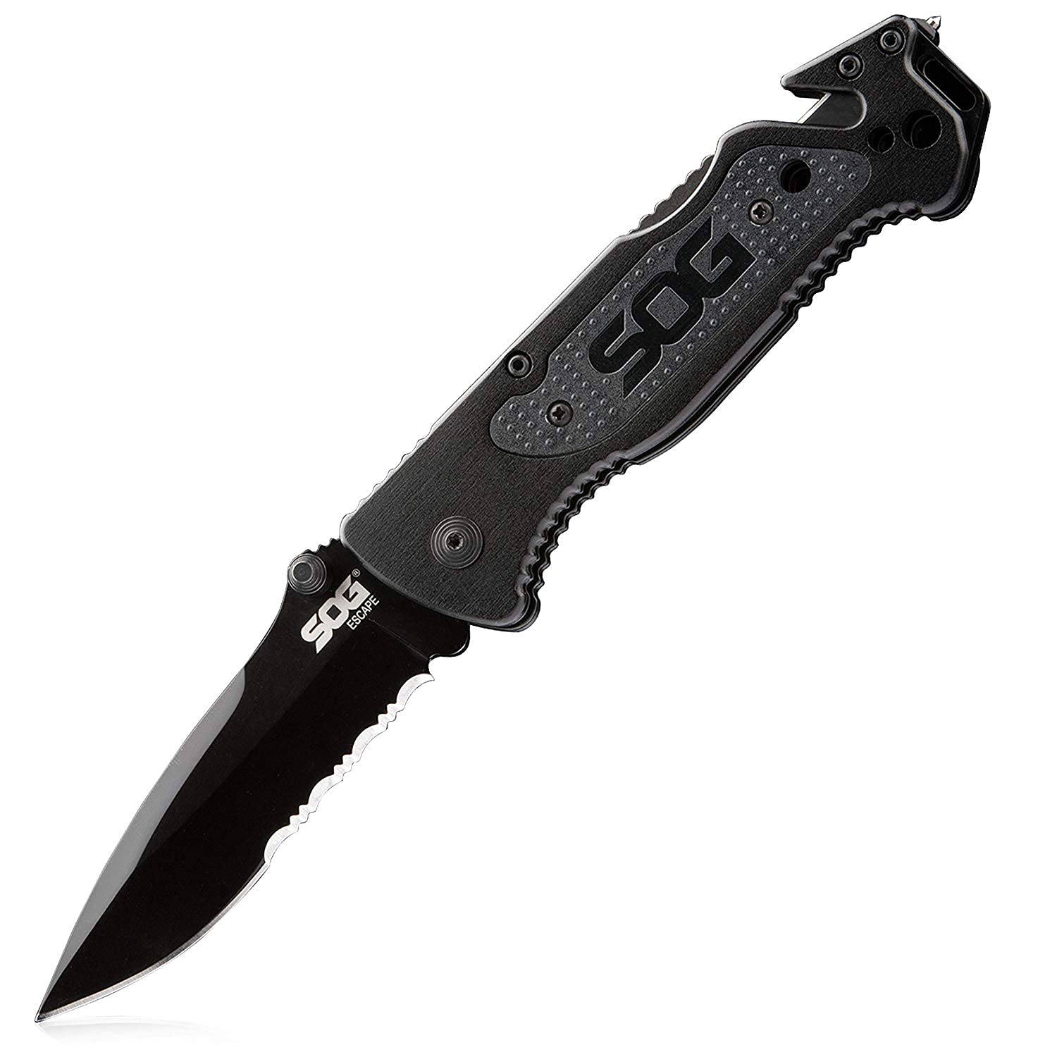 SOG Escape Cuchillo plegable táctico - Cuchillo de bolsillo de emergencia con hoja de borde dentado de 3,4 pulgadas con rompevidrios, pelacables y cuchillas cortadoras de línea, negro (FF25-CP)