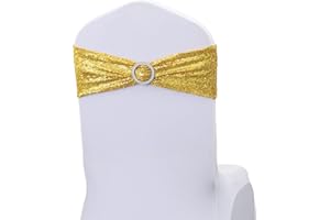 JKDMJF 100 Pack Sequin Gold Chair Sashes for Wedding Decor, Glitter Chair Sash Bows Bands with Buckles for Party Birthday Christmas Anniversary Banquet Celebration Events Decorations