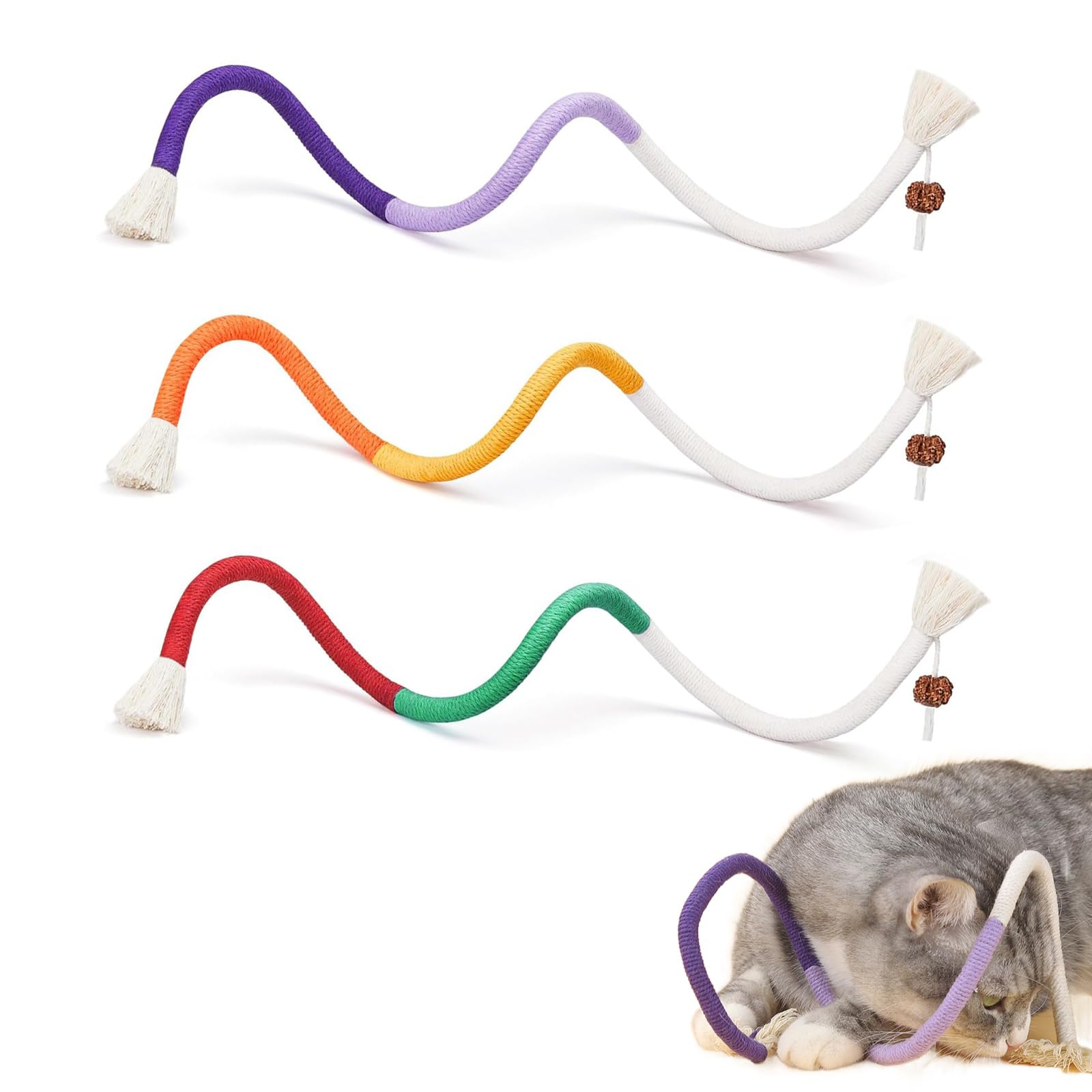 RELONGGI 70cm Organic Cotton Cat Chew Rope Toy for Indoor Cats - Refillable Catnip Dental Chew, Teething Relief & Boredom Solution for Kittens and Adult Cats (Purple+Orange+Red, 3-Pack)