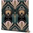 Peel & Stick Wallpaper 9ft x 2ft - Elegant Art Deco Bats Flowers Teal Gold Black Pink 1920S Opulent Maximalist Custom Removable Wallpaper by Spoonflower