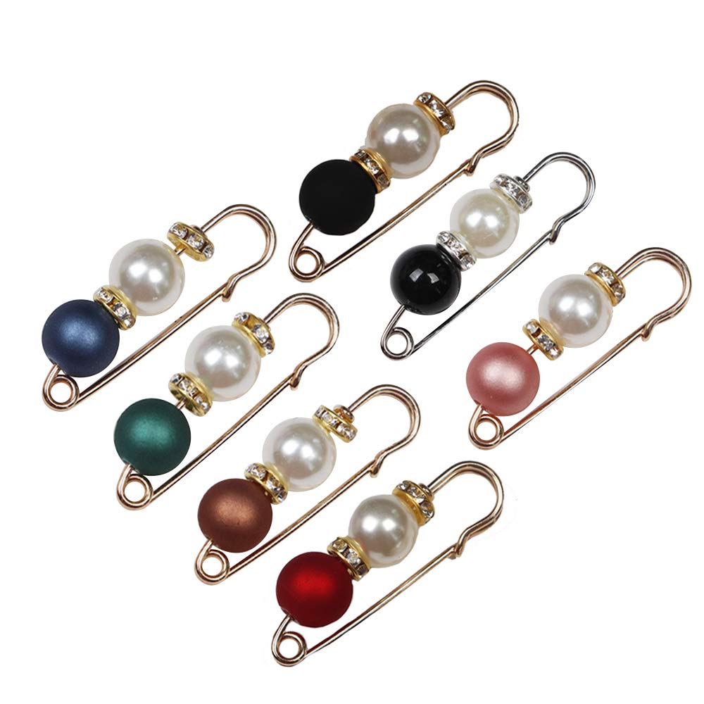 YKKJ 7 Pieces Jumper Brooch Pin Double Headed Pearl Pins Rhinestone Brooch Set Faux Pearl Brooch for Women Girls Lady Costume Accessory Brooch