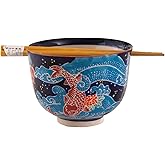 Urban Tokyo Handpainted Ceramic Glazed Japanese Ramen Udon Noodle Rice Bowl With Chopsticks 20 fl oz 5 inch Diameter Bowl Sets Color Box Packaging (Japanese Koi Fish)
