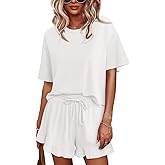 Tankaneo Womens Pajamas Set Lounge Sets Cropped Short Sleeve T Shirts Drawstring Ruffle Shorts Soft Sleepwear