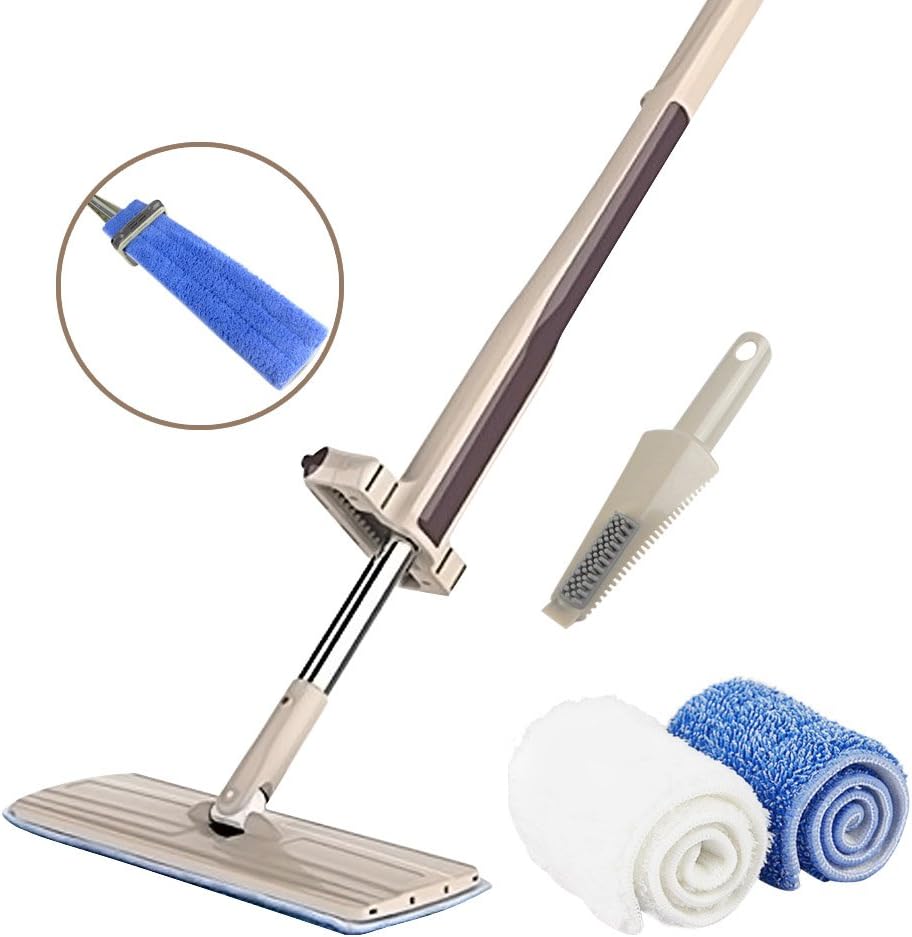 Hands Free Mop | Easy Squeeze Stainless Steel Microfiber Flat Mop with Wet Absorption Cloth and Dry Dust Pad | Self Cleaning with Vertically Stand Dry and Flat Head Swivel Rotation for Fast Mopping