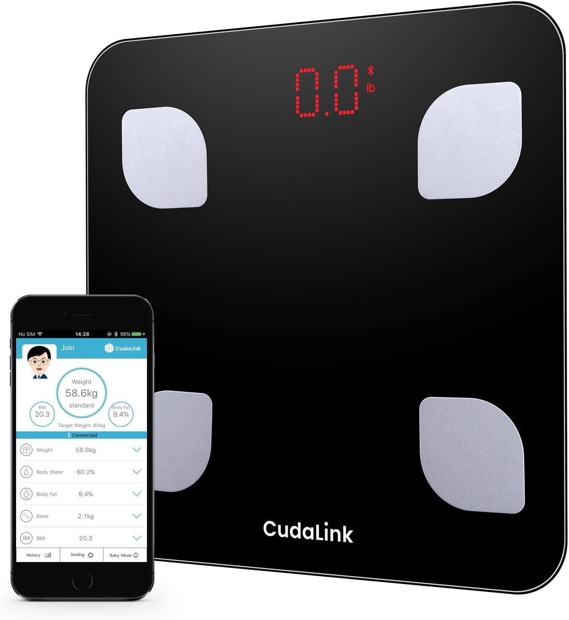 Precise Digital Body Analyzer Scale Weight, Body Fat, Body Mass, BM Body Water | 8 Measurement Parameters Bluetooth with iOS Android App | LED Digital Accurate Body Composition Scale by CudaLink
