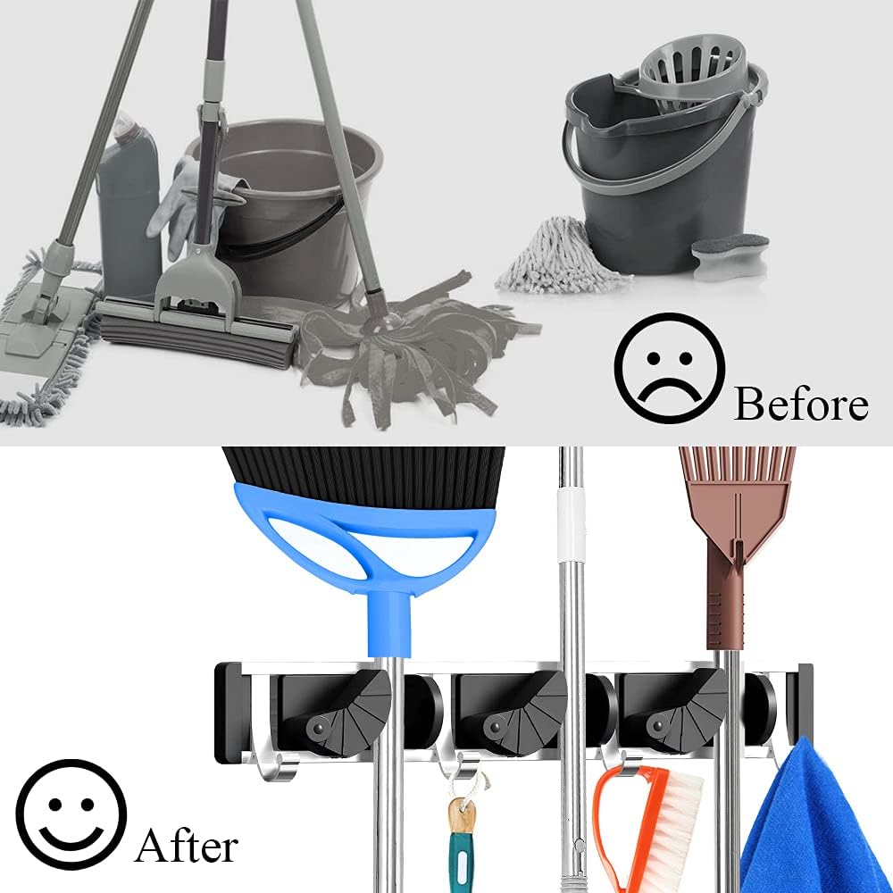 Rofesi Mop Broom Holder Wall Mount, Garage Storage Rack Garden Tool Organizer and Storage Wall Hanger, 3 Positions with 4 Hooks - - 