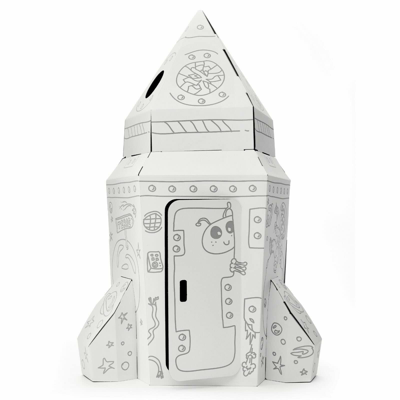 NOVECRAFTO Cardboard Spaceship Rocket Playhouse for Kids to Colour XL – Durable, Creative DIY Coloring Playhouses, Cardboard Space Shuttle Activity House for Indoor Fun, Interactive Craft Toy