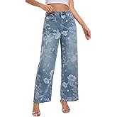 Jeans for Women Floral High Waisted Straight Leg Stretchy Jeans Summer Cute Printed Denim Pants