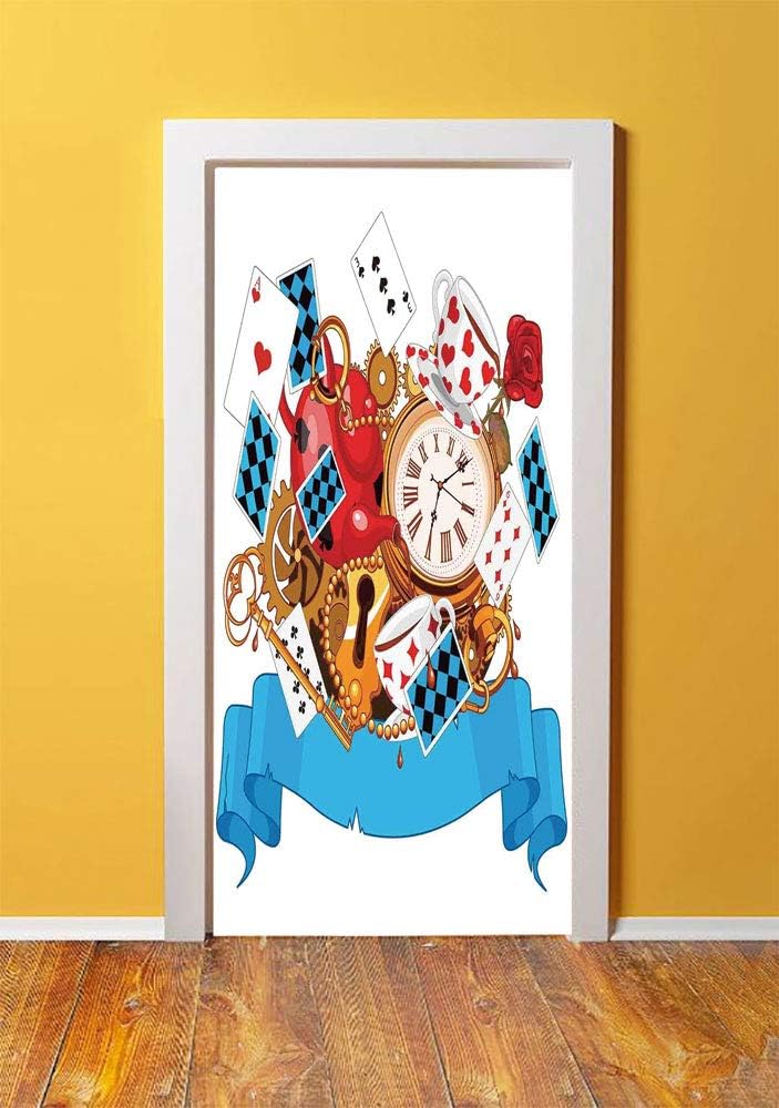 Alice in Wonderland 3D Door Sticker Wall Decals Mural Wallpaper,Mad Design of Cards Clocks Tea Pots Keys Flowers Fantasy World Illustration Decorative,DIY Art Home Decor Poster Decoration 30.3x78.7600